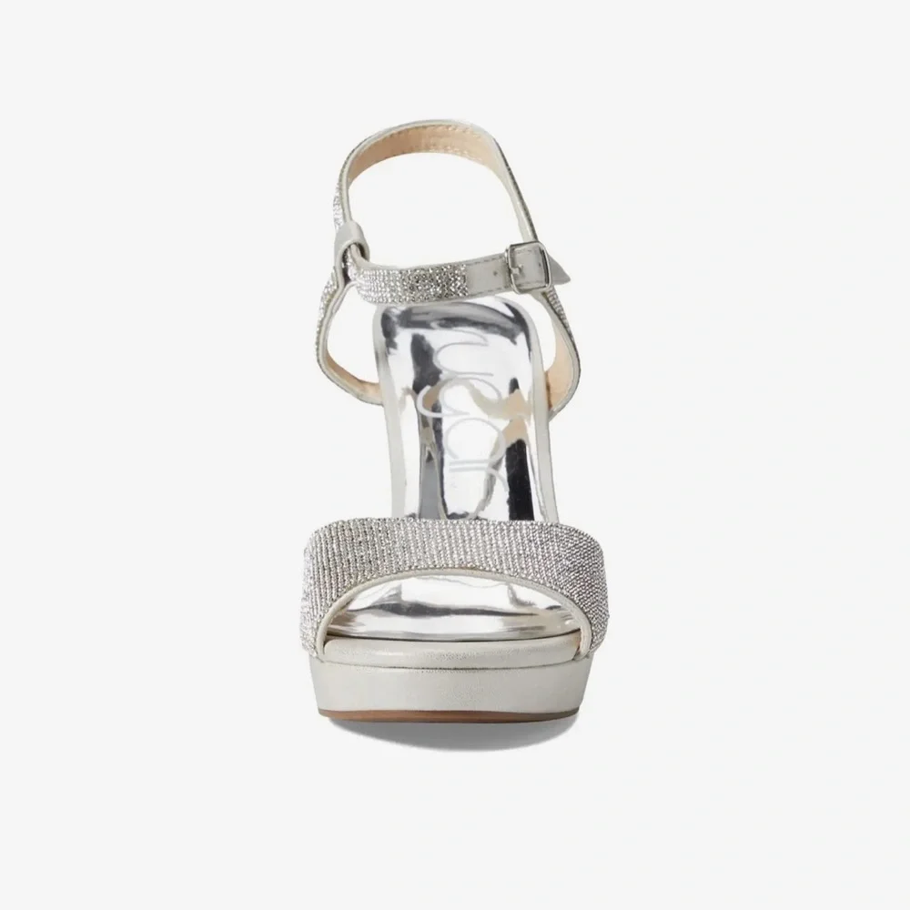 Sugar Prislla 2 Sling Back Open Toe Rhinestone Platform Heels Silver Size 9.5